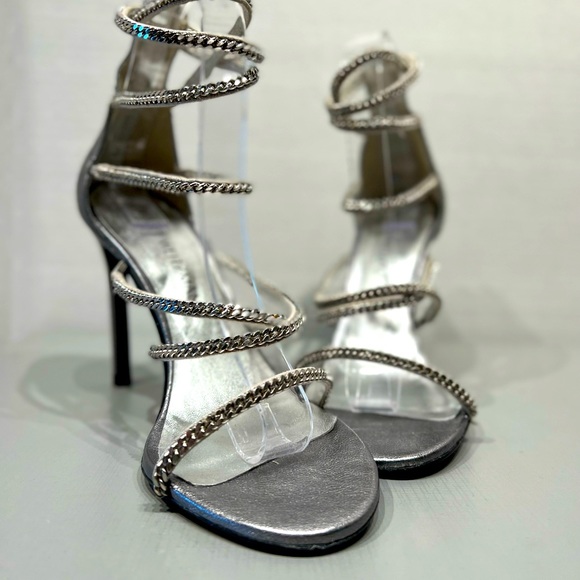 Stuart Weitzman Stilettos Gladiators Silver Chains Shoes 6 1/2 M Made in Spain - Picture 10 of 16